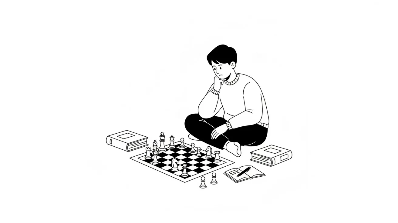 Persona pensando jugada de ajedrez con libros alrededor