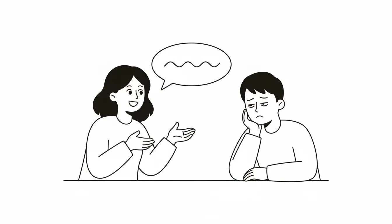 Persona explicando, otra escuchando con aburrimiento.