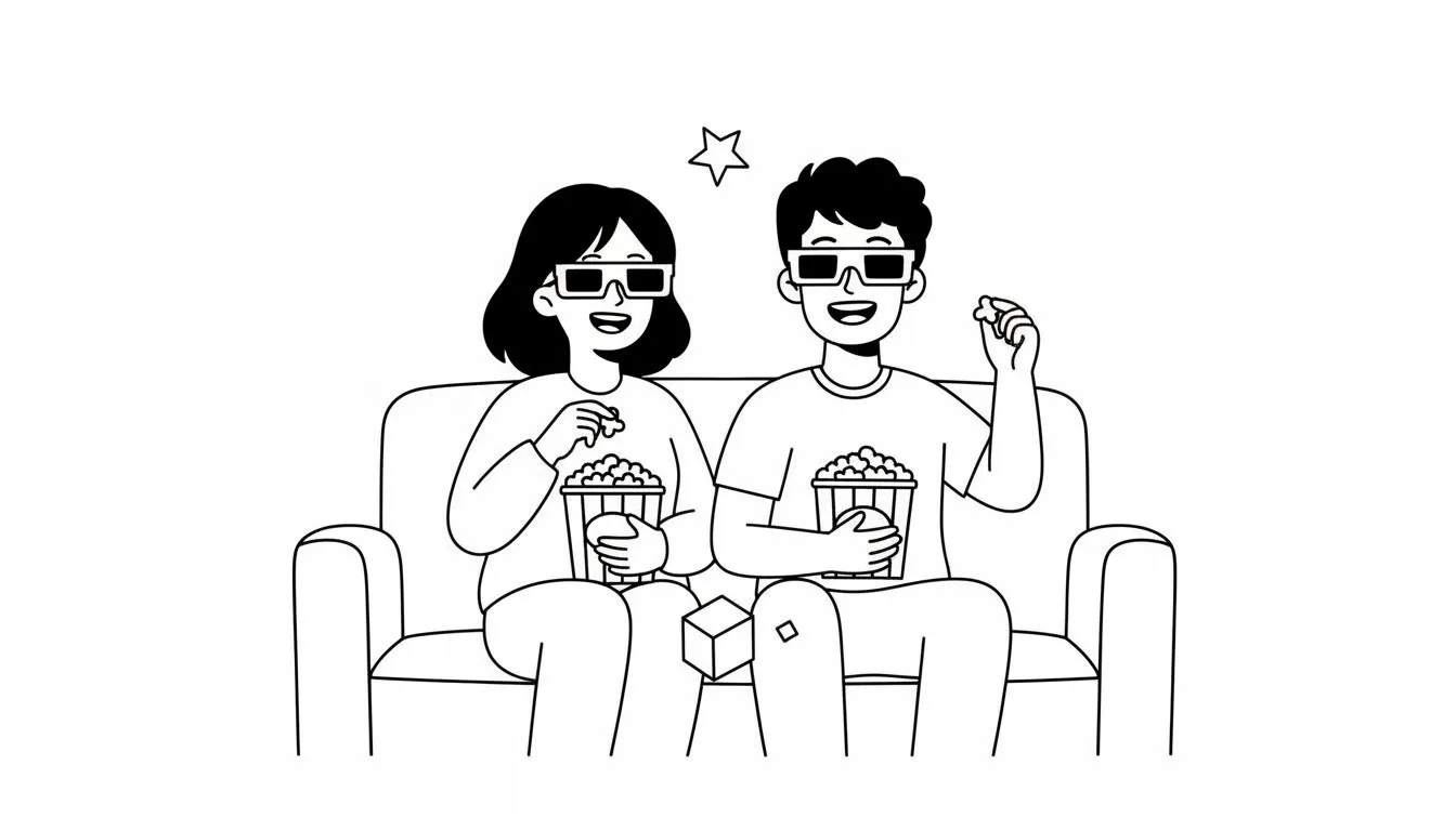 Pareja viendo película en 3D con palomitas