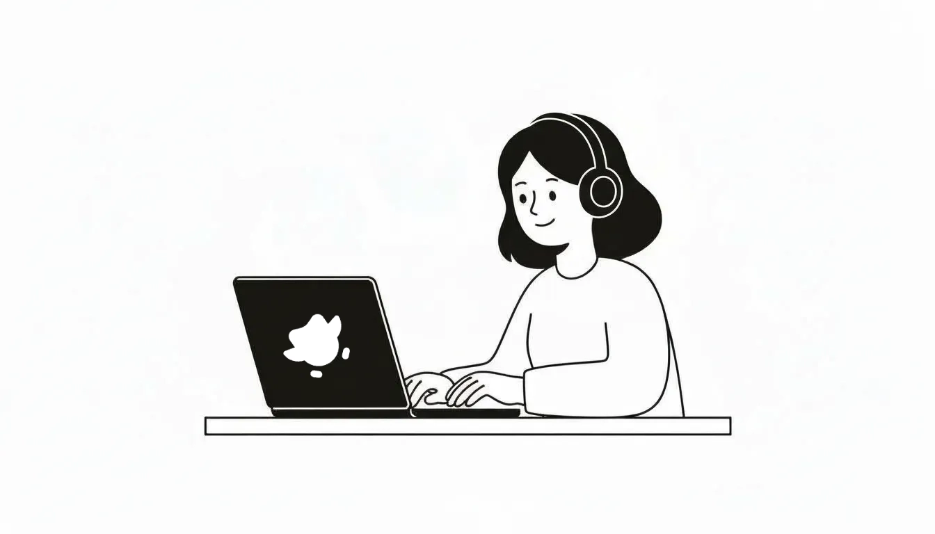 Mujer con auriculares usando un ordenador portátil.