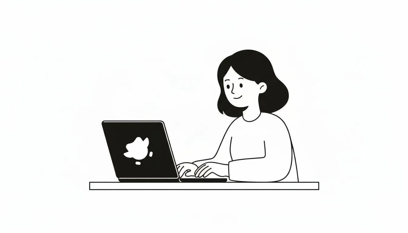 Mujer usando una laptop en una mesa.