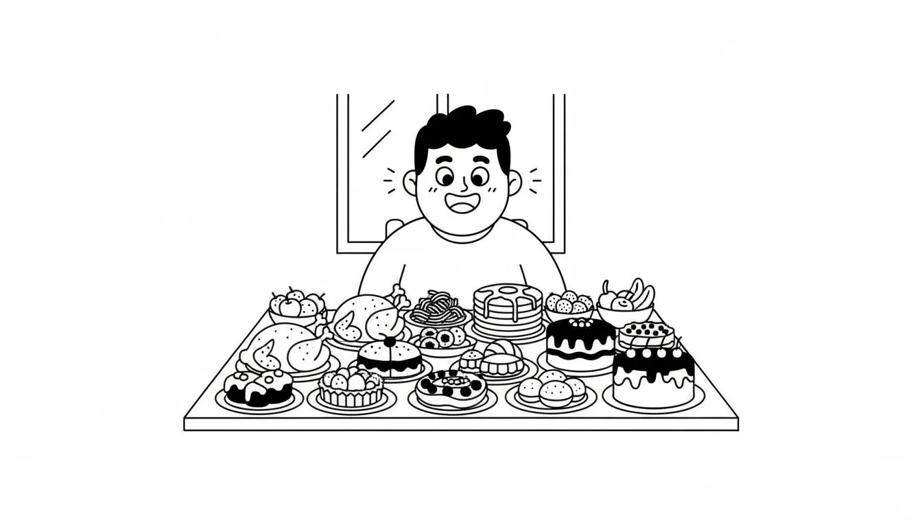 Niño feliz rodeado de varios postres y alimentos.