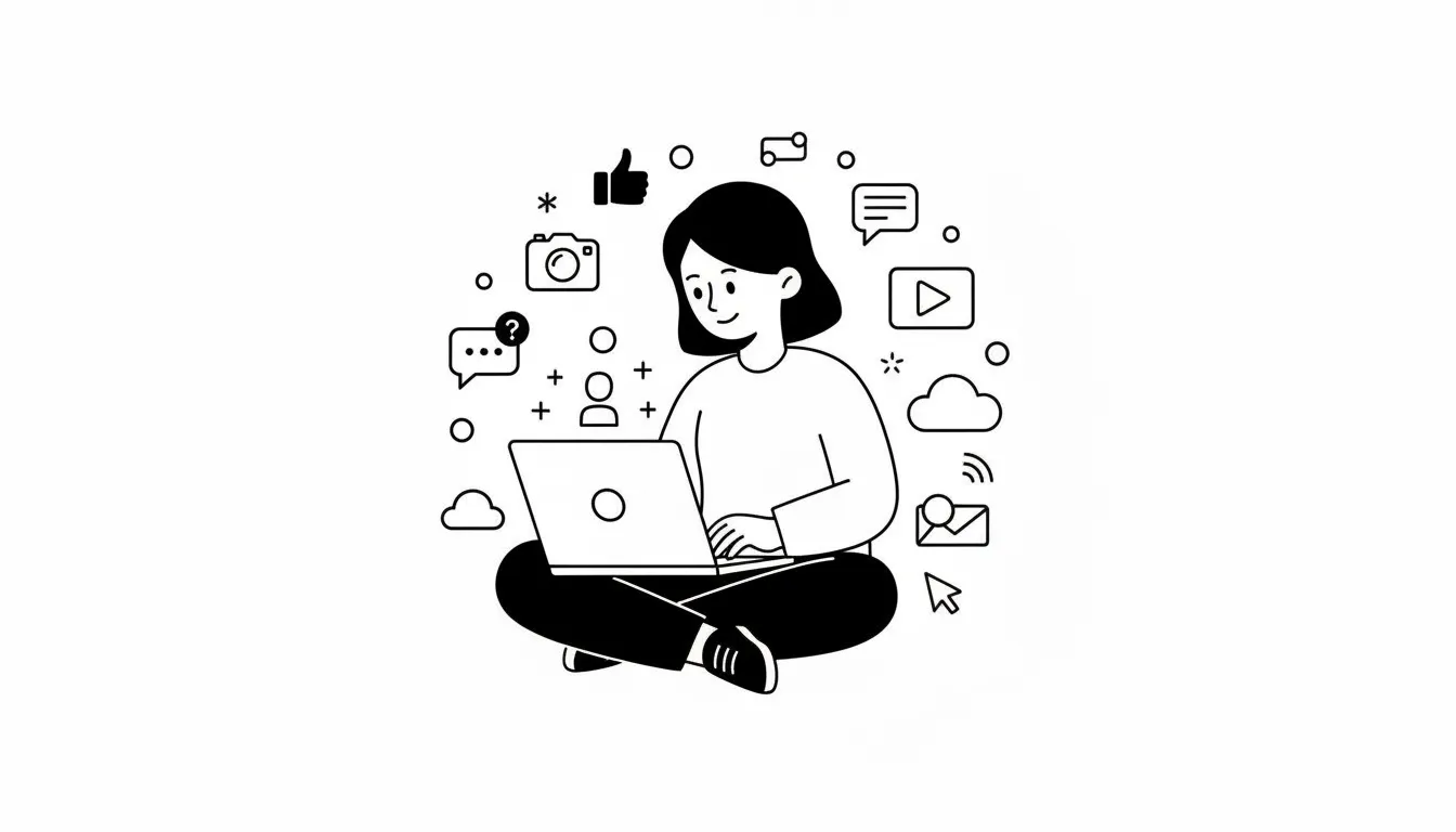 Mujer trabajando en ordenador rodeada de iconos digitales.