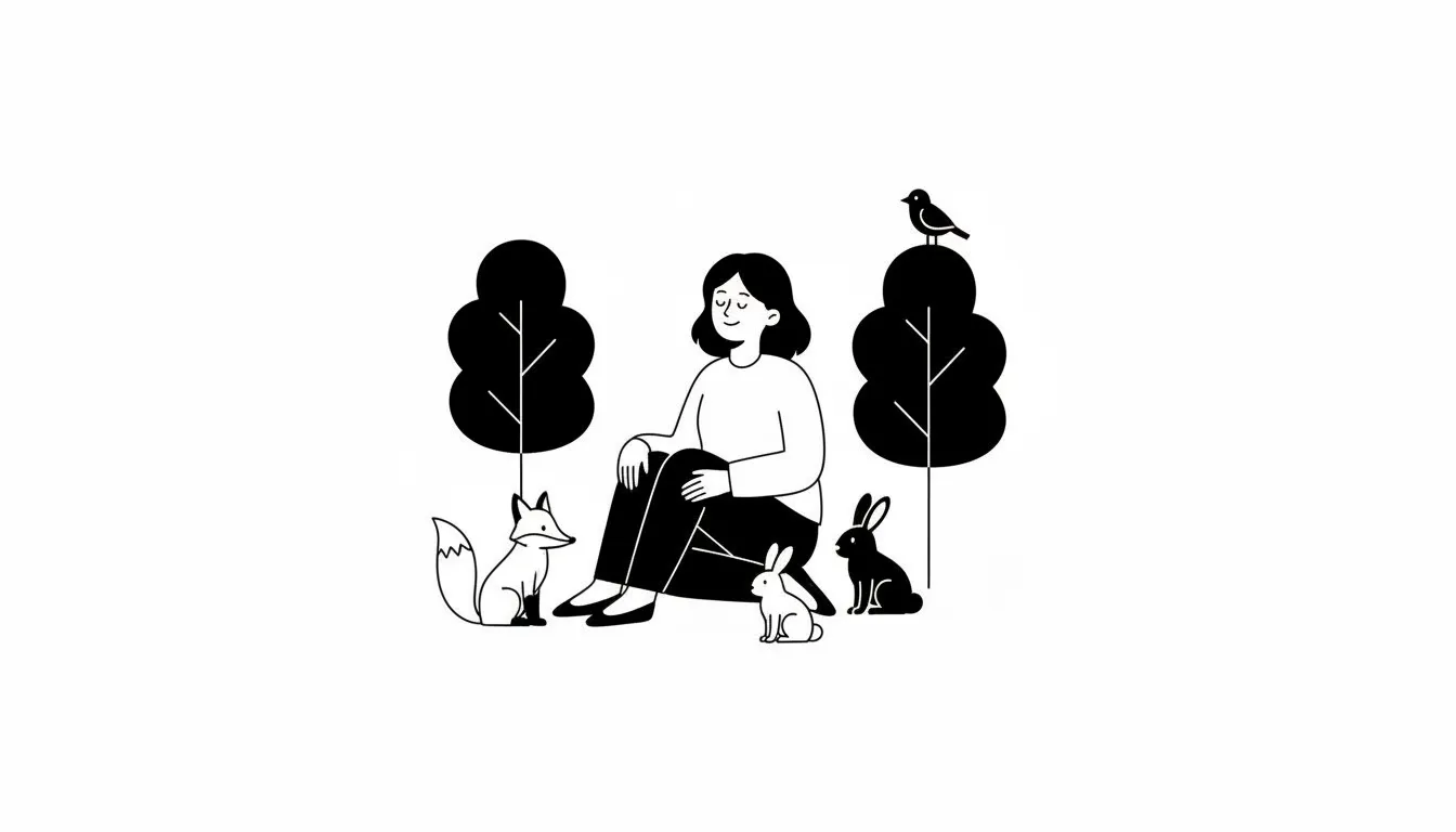 Mujer rodeada de animales en el campo