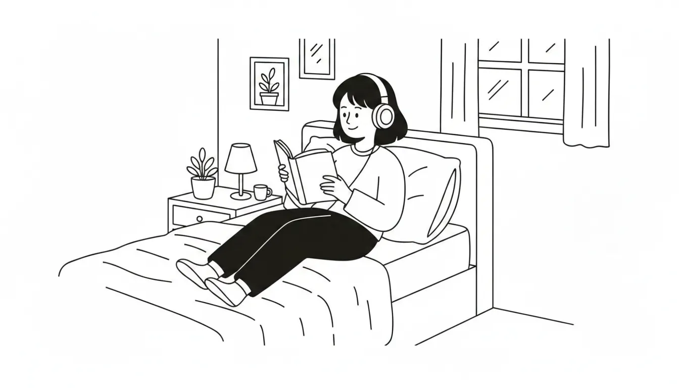 Chica leyendo en la cama con auriculares