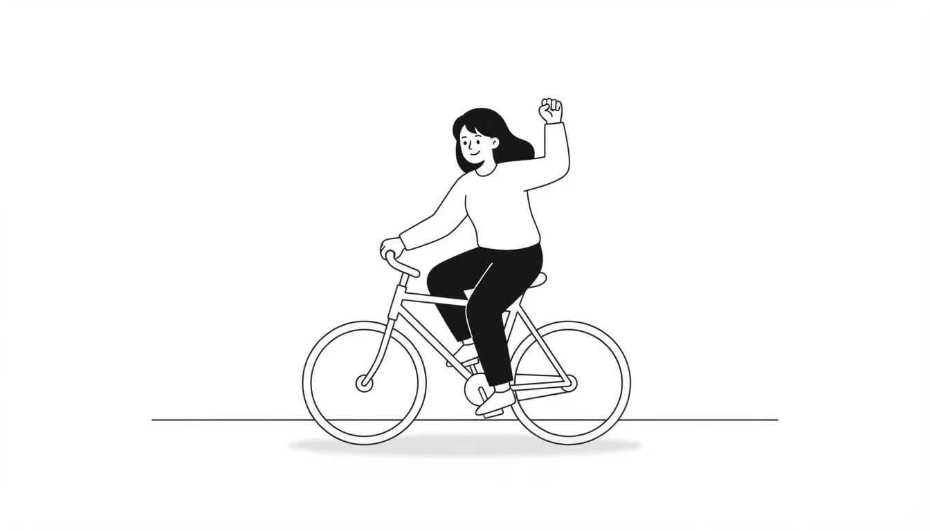 Chica montando en bicicleta con una mano levantada, ilustración sobre can, could y be able to