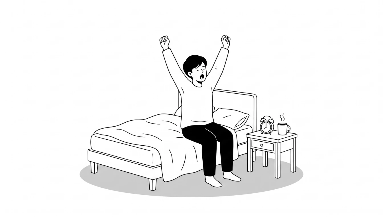 Ilustración en blanco y negro de una persona estirándose sentada en la cama al despertarse, con un despertador y una taza de café en la mesita