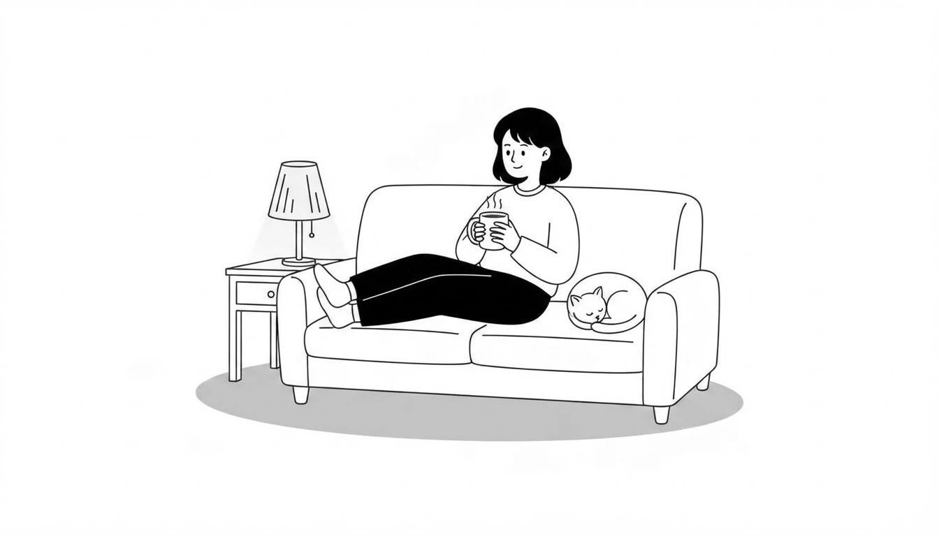 Person relaxing on the sofa in the evening with a mug and a cat asleep beside them