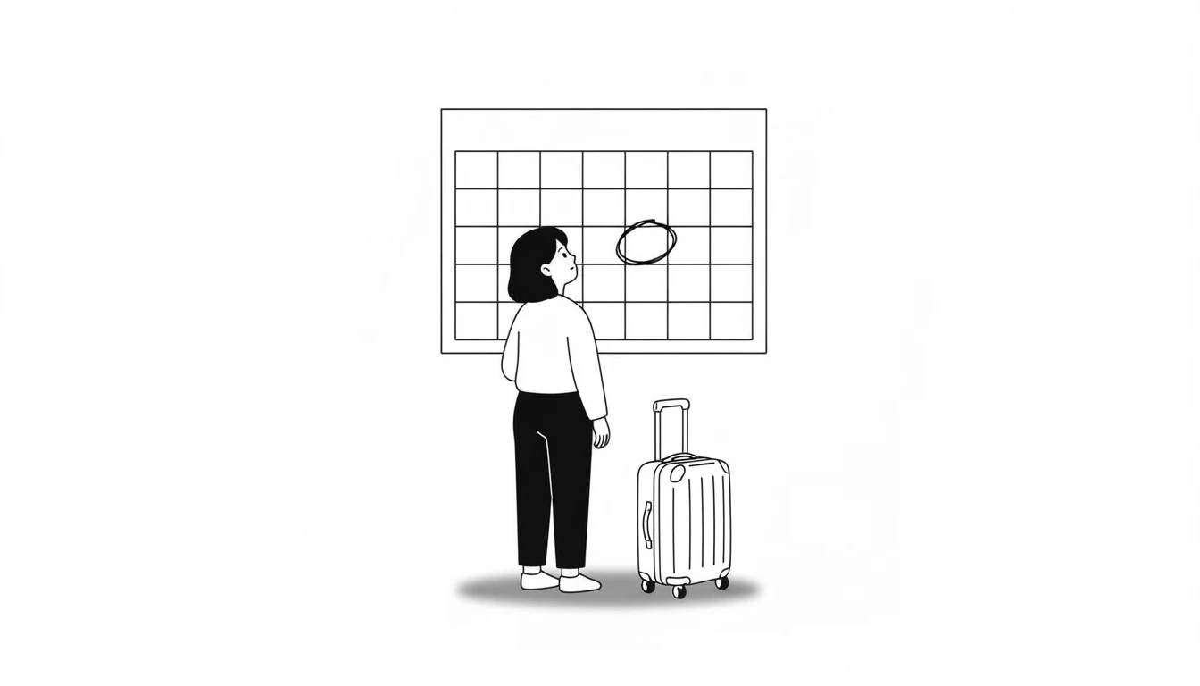 Mujer con una maleta mirando un calendario de pared con un día rodeado, ilustración del futuro en inglés