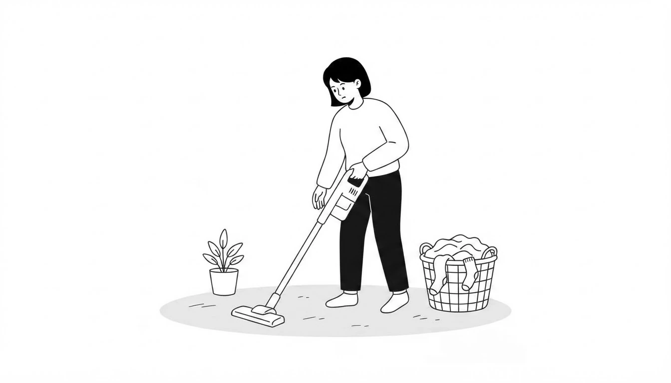 Person hoovering the floor at home next to a laundry basket