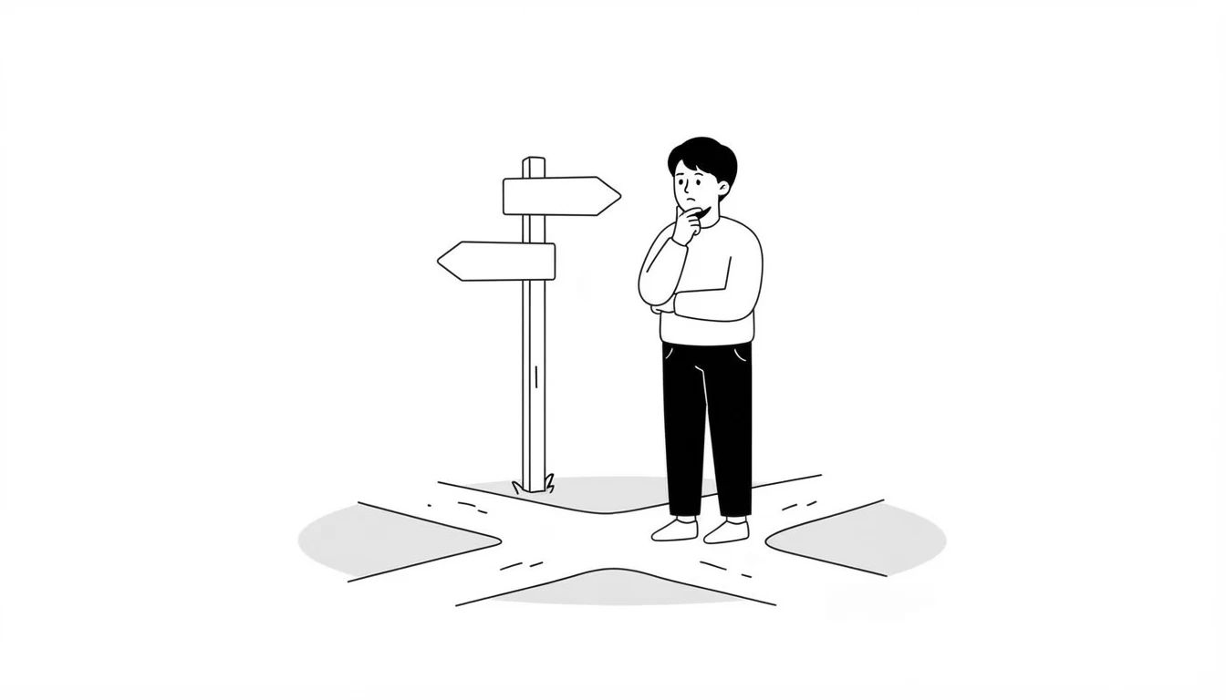 Persona pensando ante un cruce de caminos con señales en blanco, ilustración sobre los verbos modales en inglés
