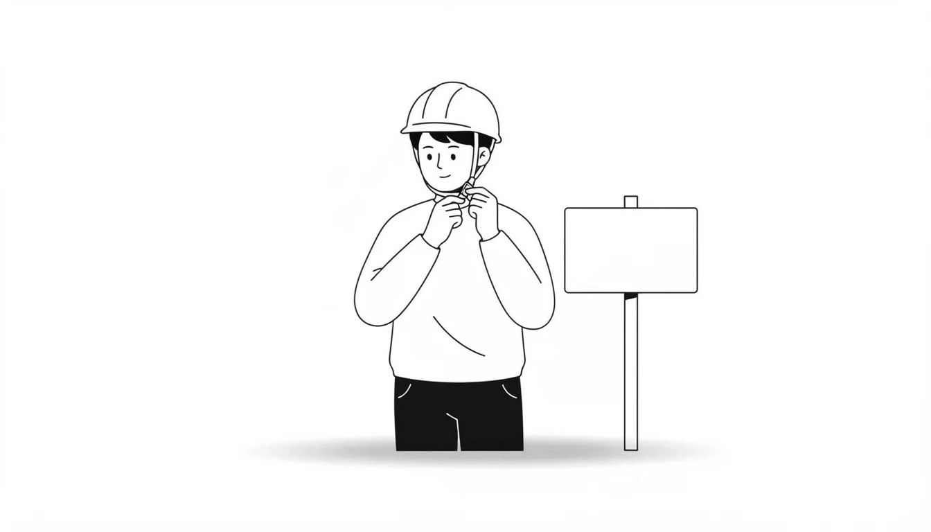 Persona abrochándose un casco junto a una señal en blanco, ilustración sobre must y have to