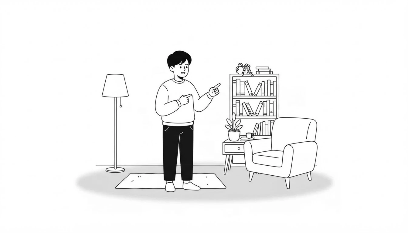 Estudiante señalando los muebles de un salón para practicar there is y there are en inglés