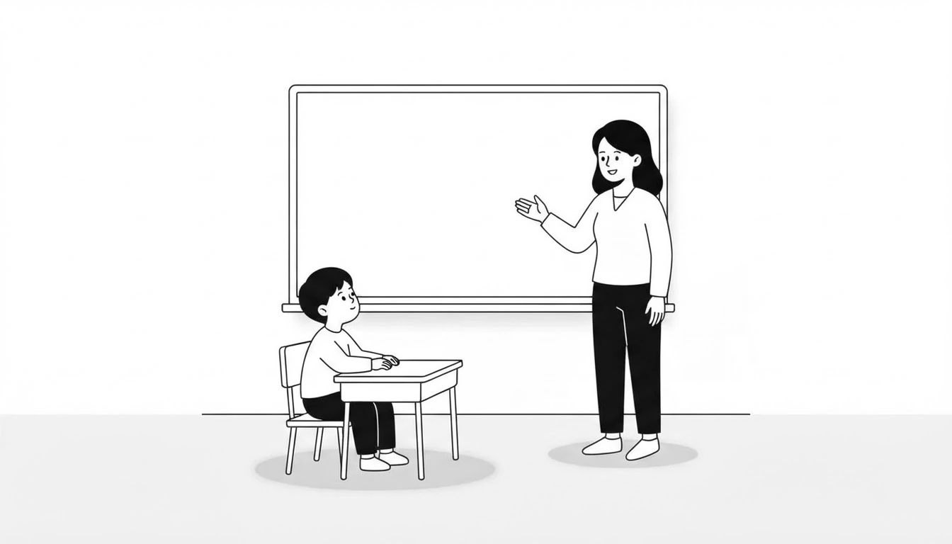 Profesora explicando el verbo to be en inglés en una pizarra ante un alumno