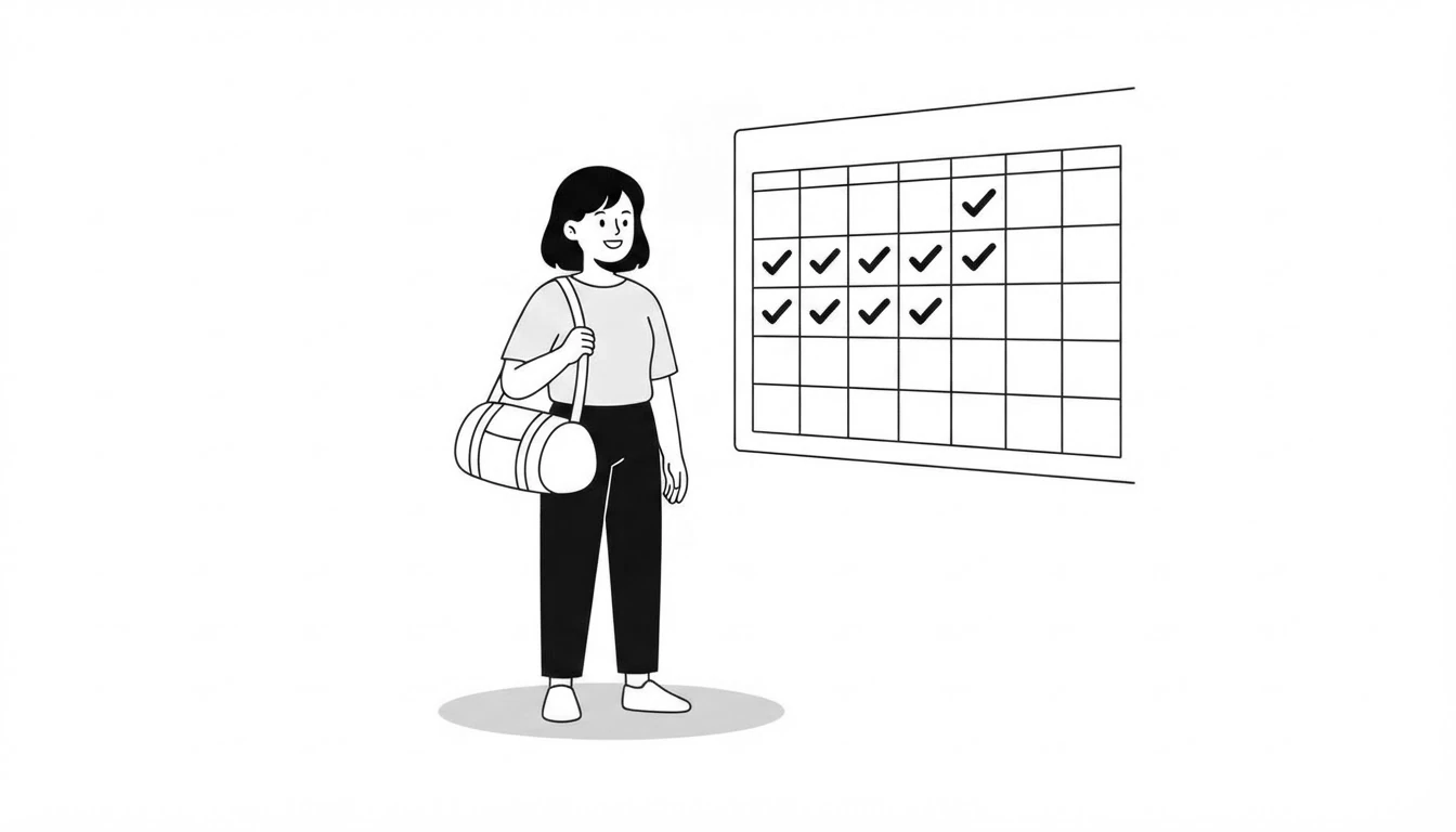 Una joven con una bolsa de deporte junto a un calendario con marcas que muestran una rutina semanal