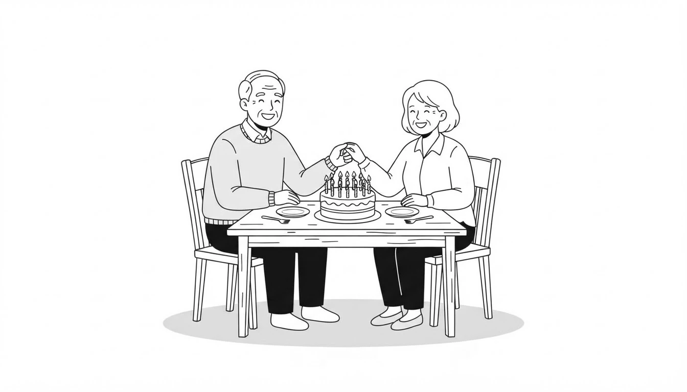 Elderly couple smiling in front of an anniversary cake with many candles