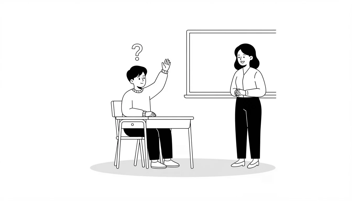 Estudiante levantando la mano para preguntar y profesora escuchando junto a la pizarra