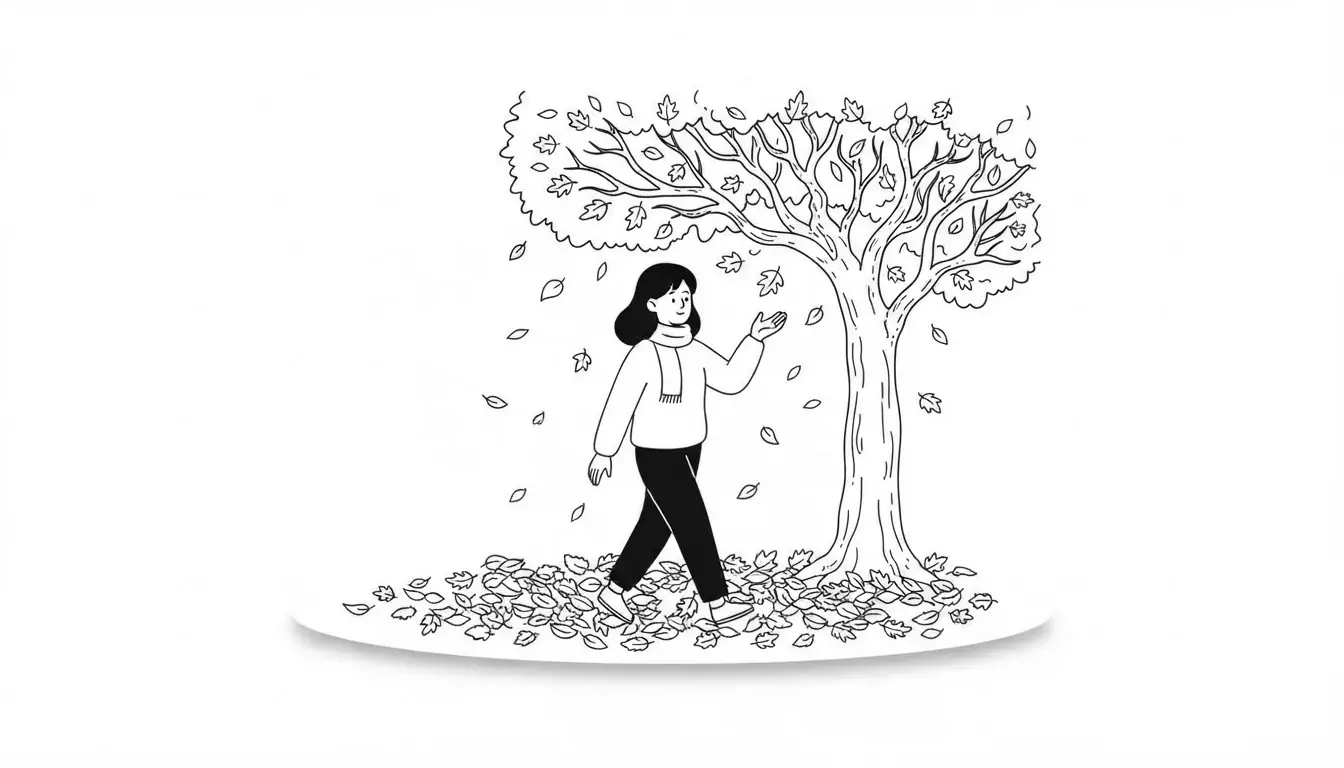 Chica paseando bajo un árbol mientras caen las hojas de otoño