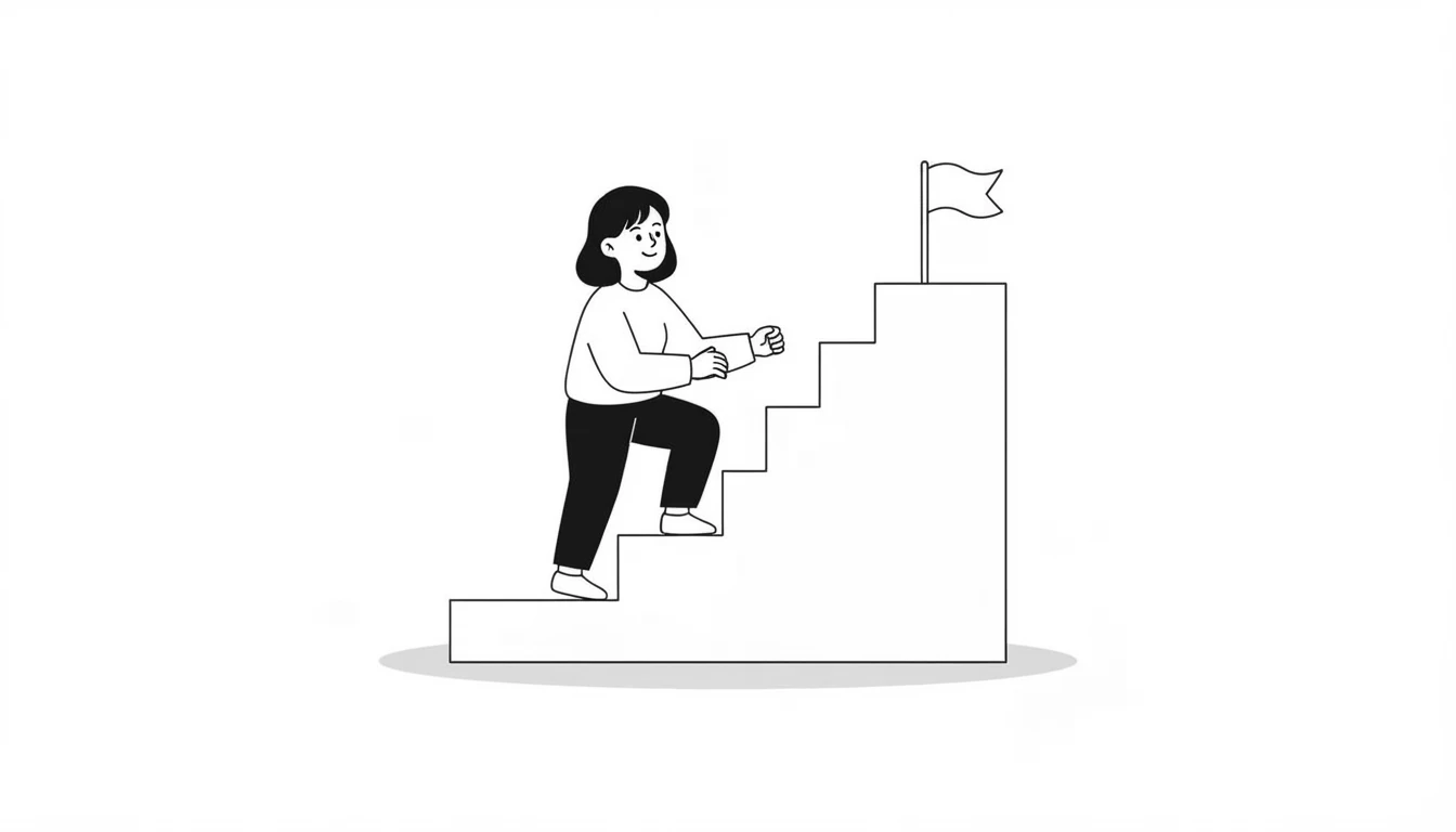 Persona subiendo una escalera de peldaños hacia una bandera en lo alto