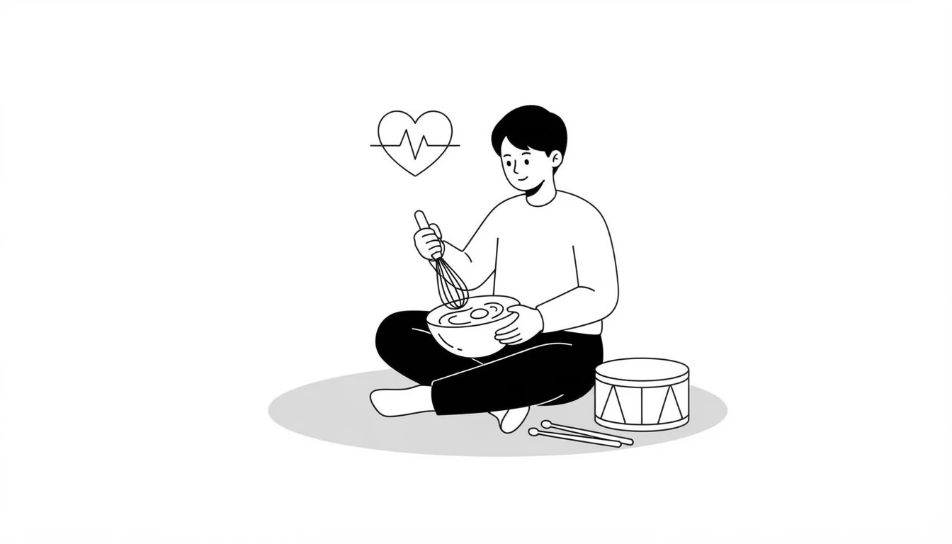 Persona batiendo huevos en un bol, con un tambor y un corazón con latido a su lado