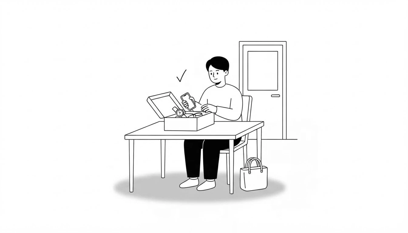 Persona guardando un móvil y un reloj en una caja junto a una bolsa antes de entrar a la sala de examen