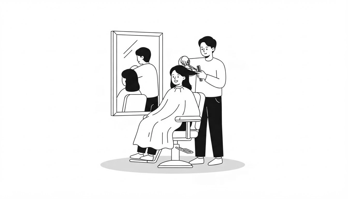 Cliente sonriente en una silla de peluquería mientras un peluquero le corta el pelo