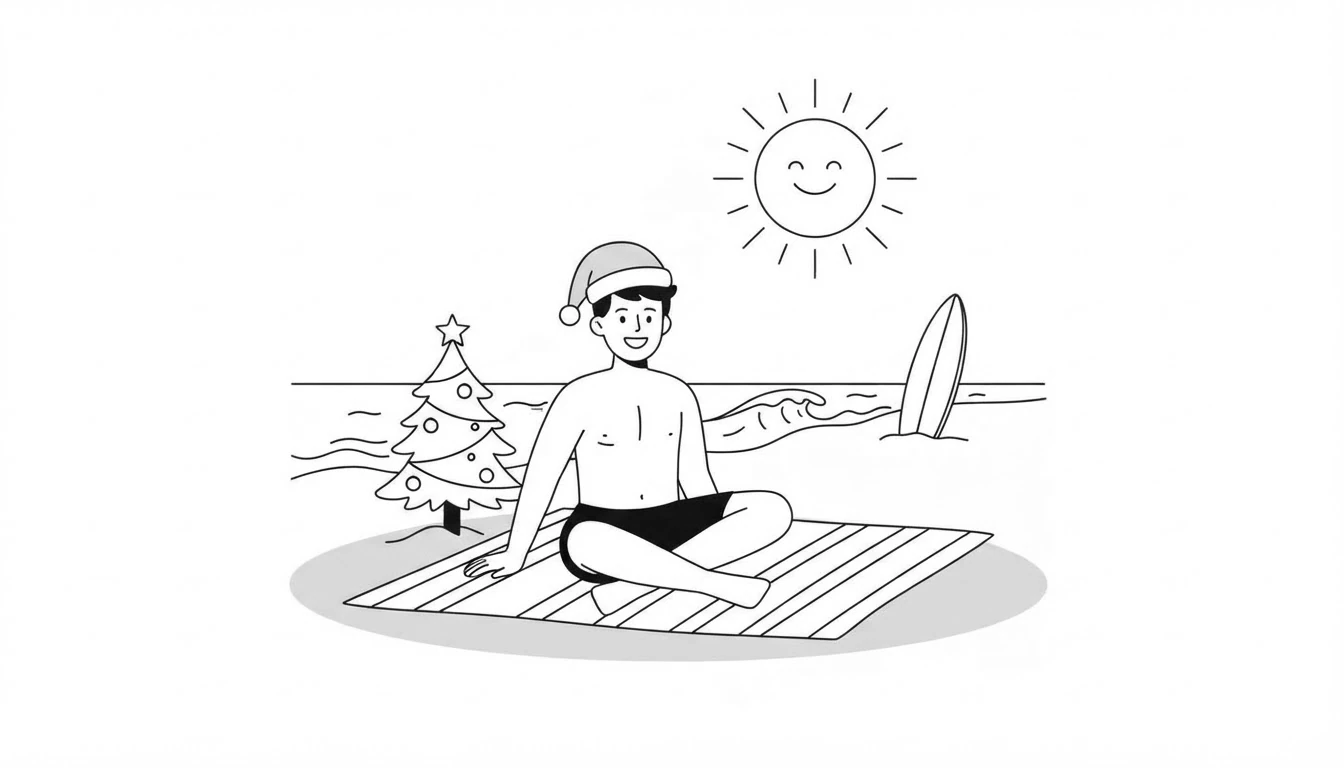 Chico con gorro de Papá Noel en la playa junto a un árbol de Navidad, bajo el sol del verano