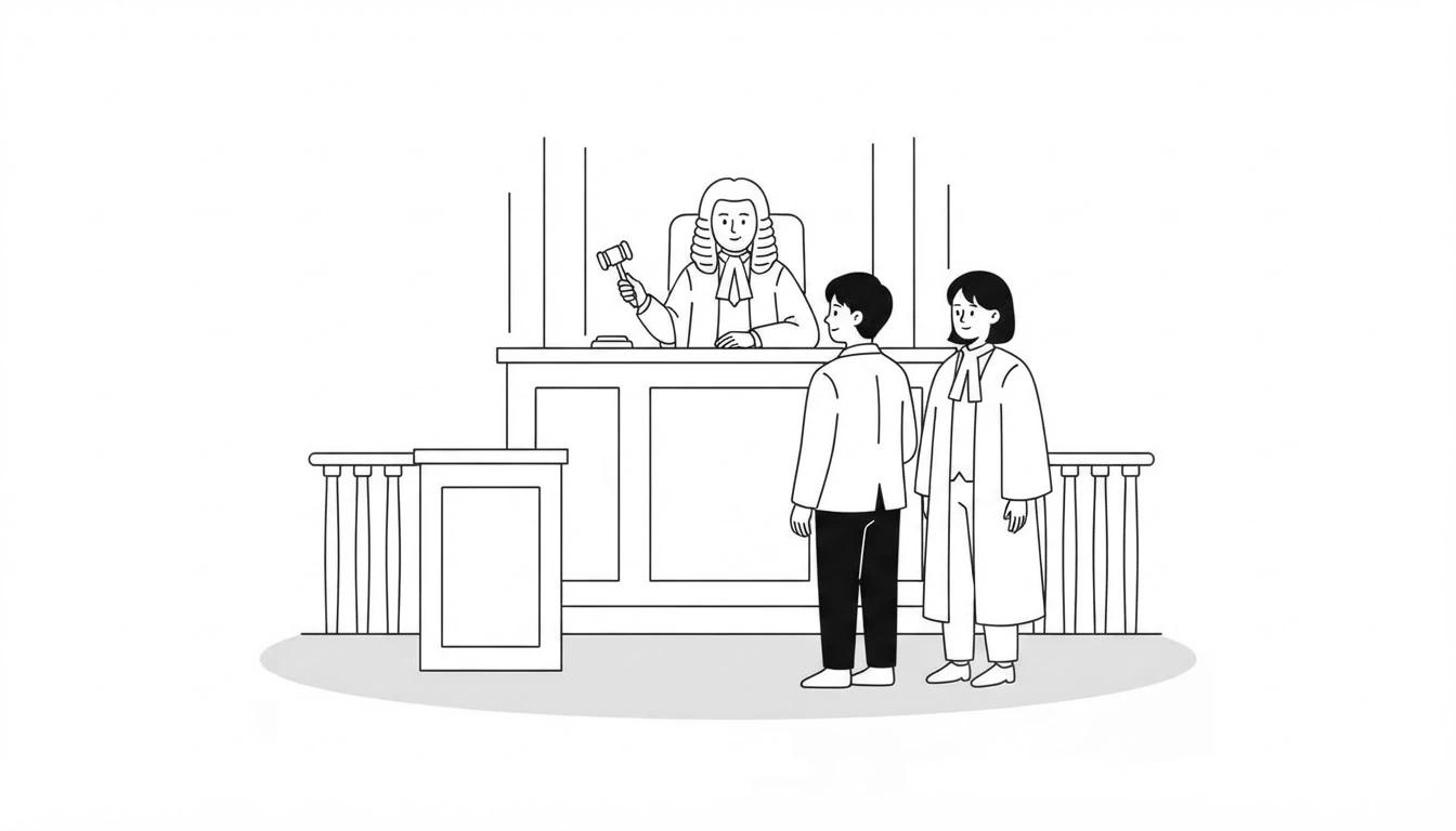 A judge in a wig holding a gavel at the bench, with a defendant standing in front of him next to his lawyer