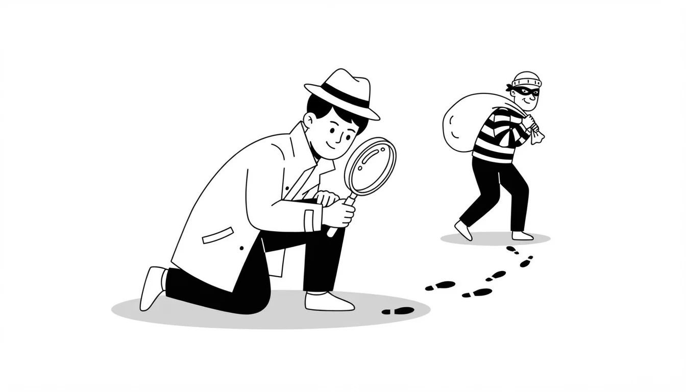 Un detective con lupa sigue unas huellas mientras un ladrón con antifaz se escapa con un saco