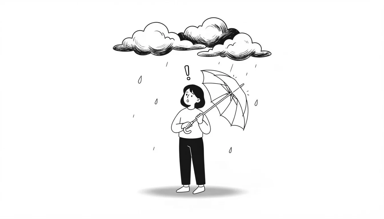 Person looking at dark clouds and opening an umbrella, with the first raindrops falling