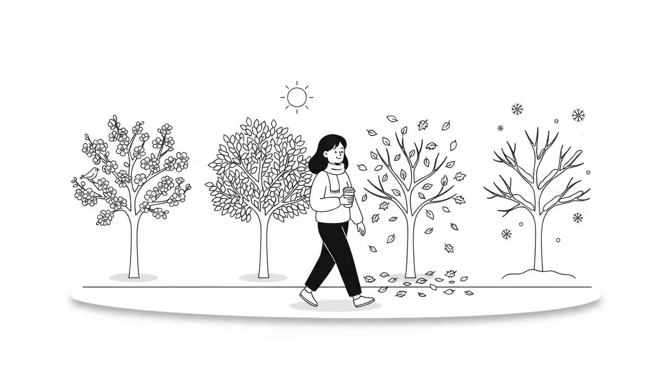 Ilustración de una chica paseando junto a cuatro árboles, uno por cada estación del año: primavera, verano, otoño e invierno