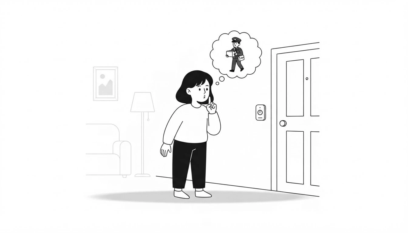 Person at home looking towards the door with a raised finger, imagining a postman with a parcel
