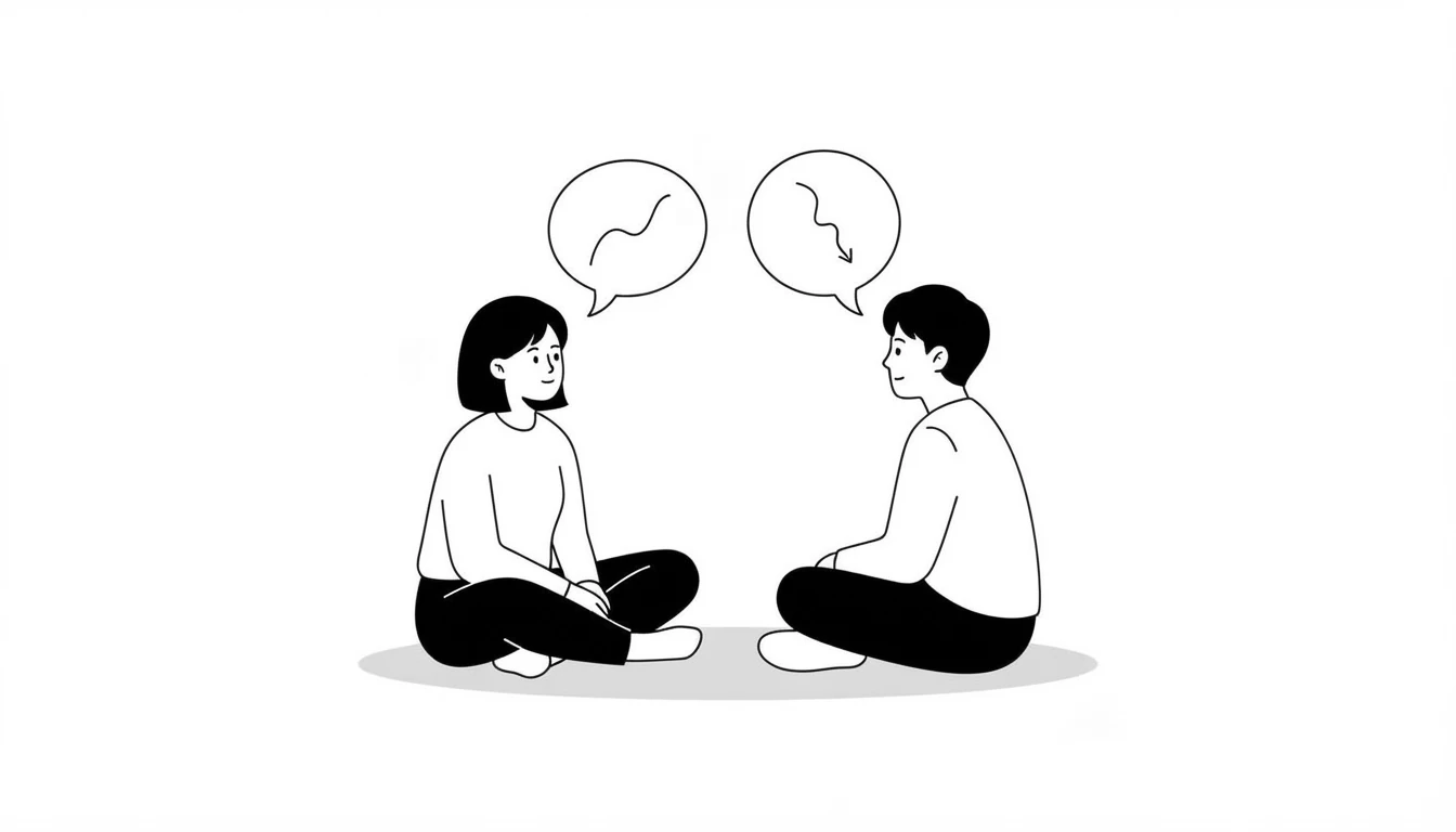 Dos personas conversando, con dos bocadillos: uno con una línea que sube y otro con una línea que baja