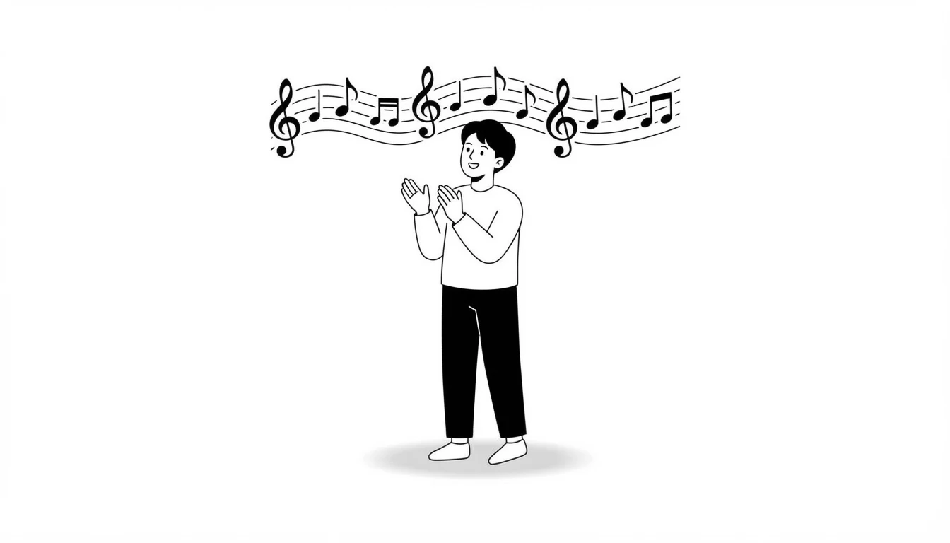 Persona dando palmas al compás con una fila de notas musicales, unas grandes y otras pequeñas