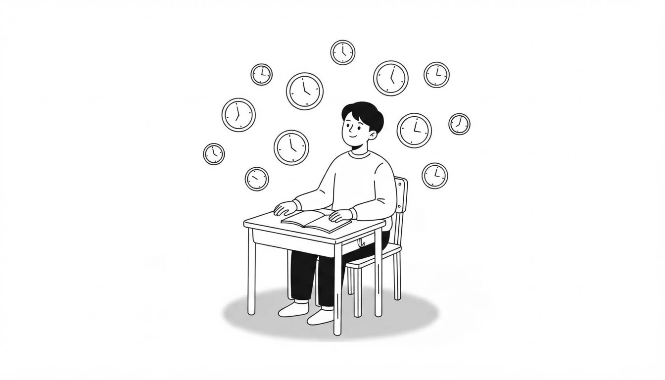 Estudiante sentado en su mesa rodeado de relojes flotando, como si fueran los tiempos verbales