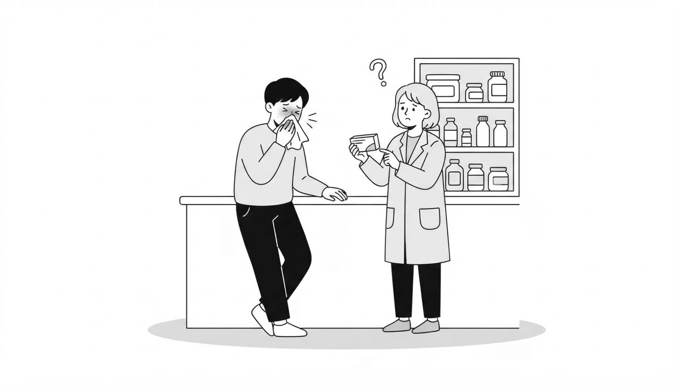 Cliente resfriado con un pañuelo en la nariz ante una farmacéutica desconcertada que sostiene una caja de medicina
