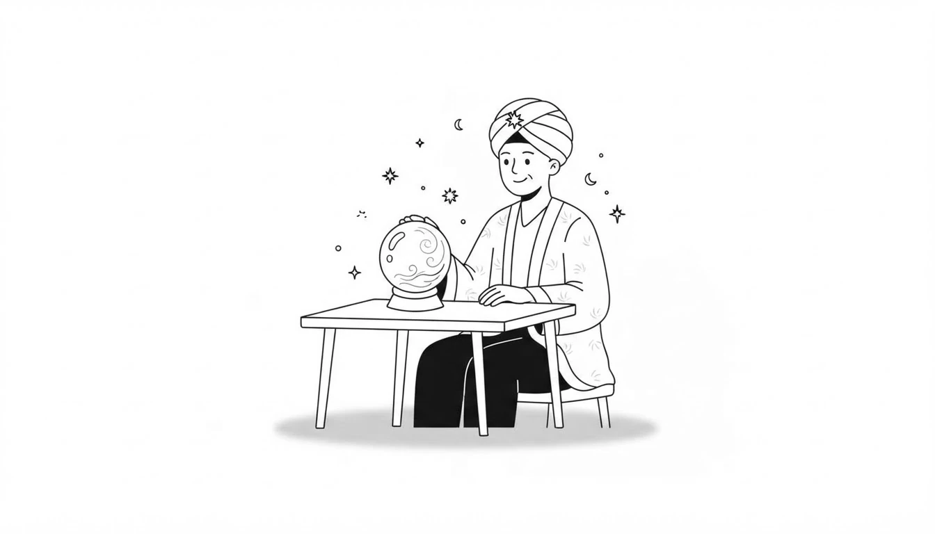 Smiling fortune teller with a turban and a crystal ball on a small table
