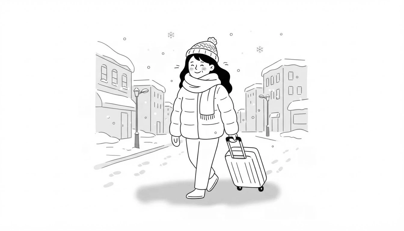 A person in a scarf and hat pulling a suitcase along a snowy street