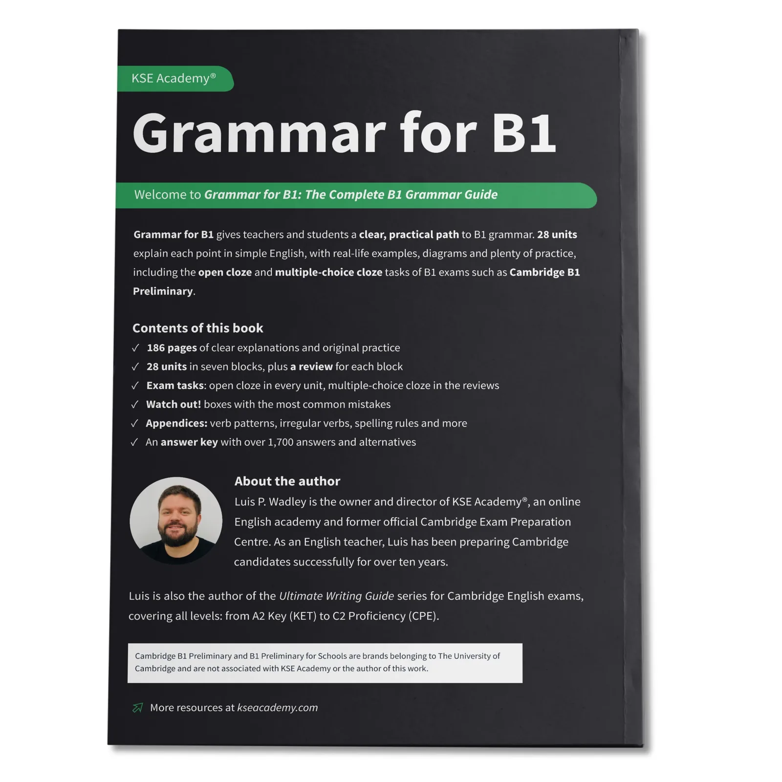 Contraportada de Grammar for B1: The Complete B1 Grammar Guide – Rules, Practice and Exam Tasks
