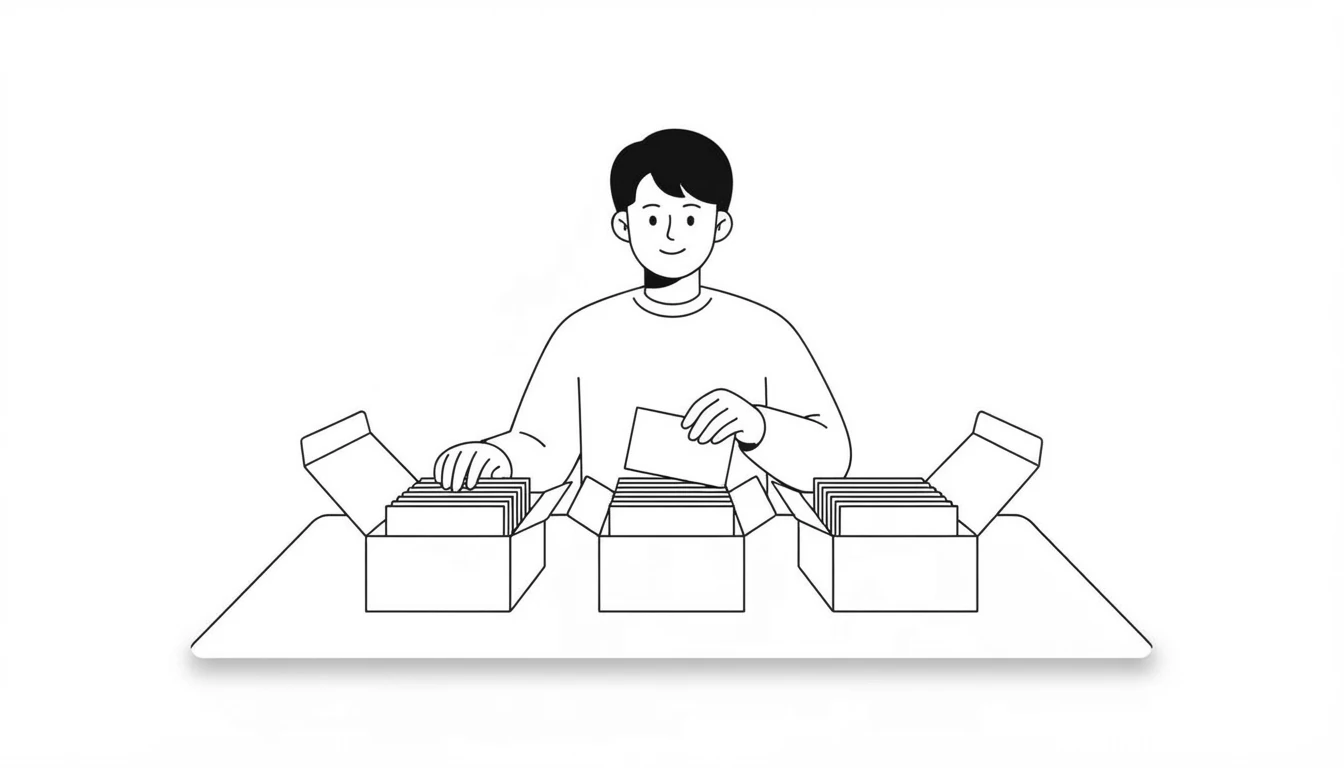 A student sorting flashcards into three boxes, like the patterns of irregular verbs