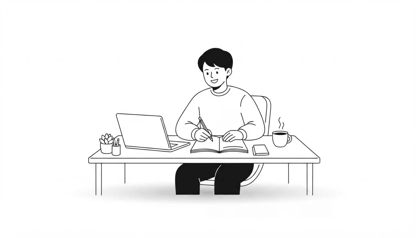 A student writing in a notebook next to a laptop while practising irregular verbs