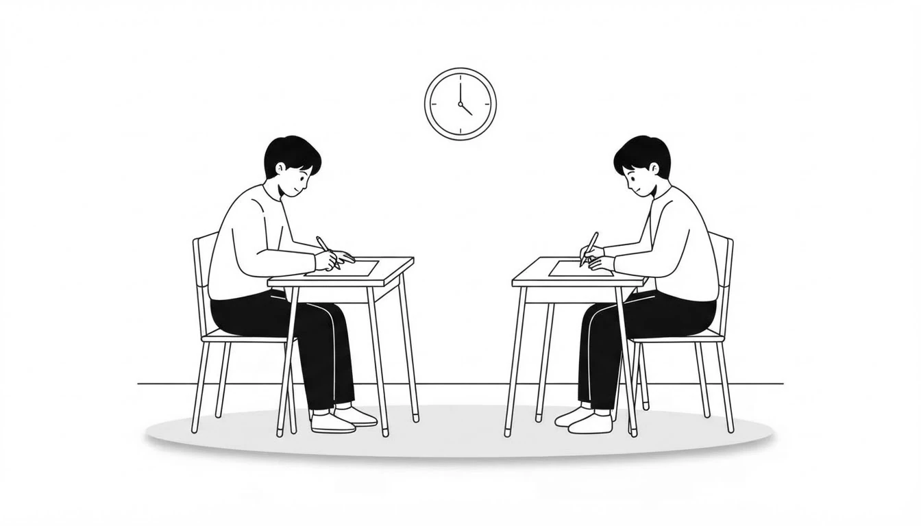 Dos candidatos escribiendo en un aula de examen con un reloj en la pared