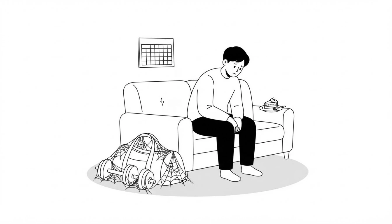 Guilty-looking person on a sofa next to a gym bag and dumbbells covered in cobwebs