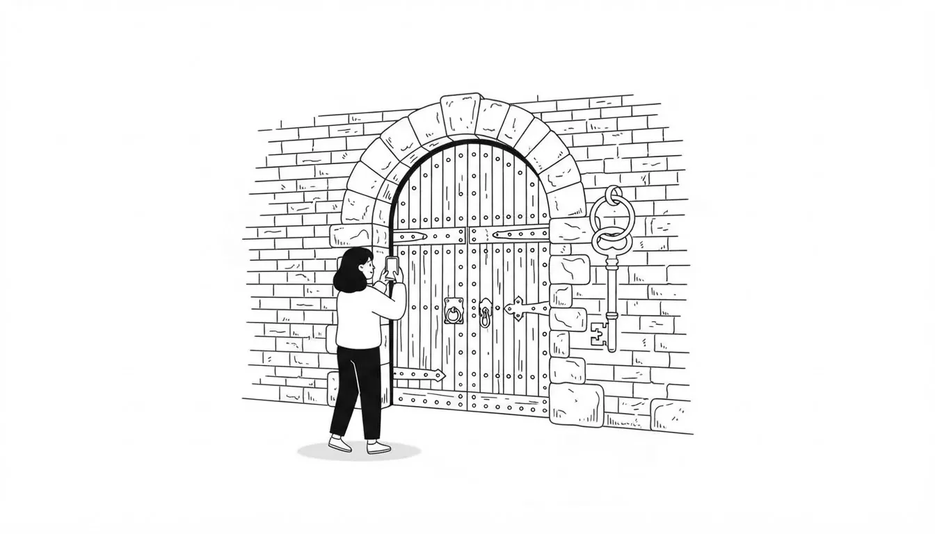 Turista fotografiando la puerta de madera de una antigua cárcel británica de piedra