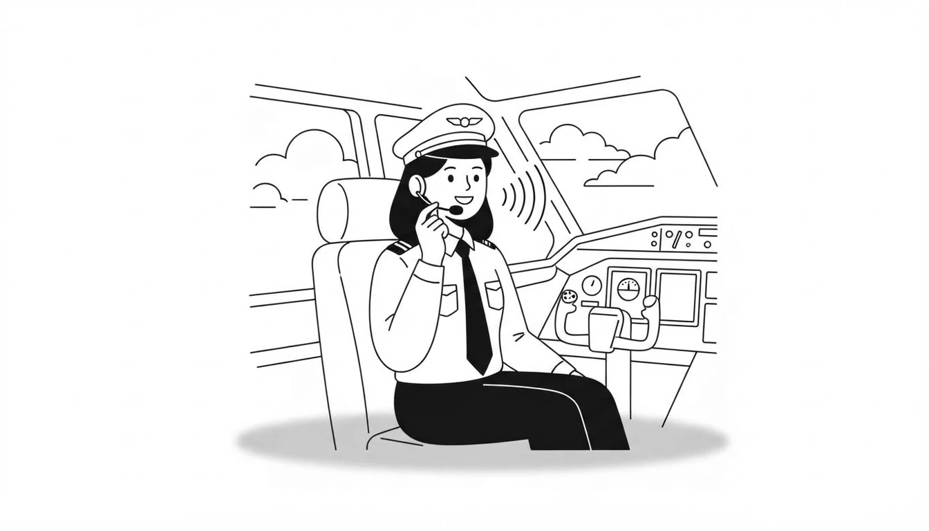 Smiling pilot speaking into a microphone in the cockpit, with sound lines