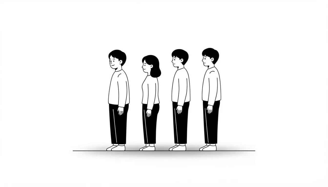 Cuatro personas esperando en fila, una detrás de otra, con calma