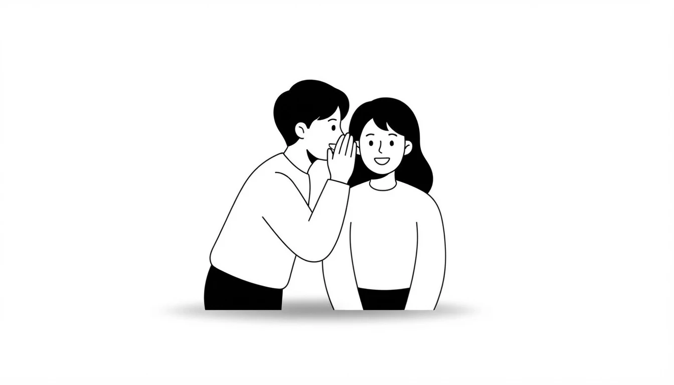 Una persona susurrando un secreto al oído de otra que sonríe con los ojos muy abiertos