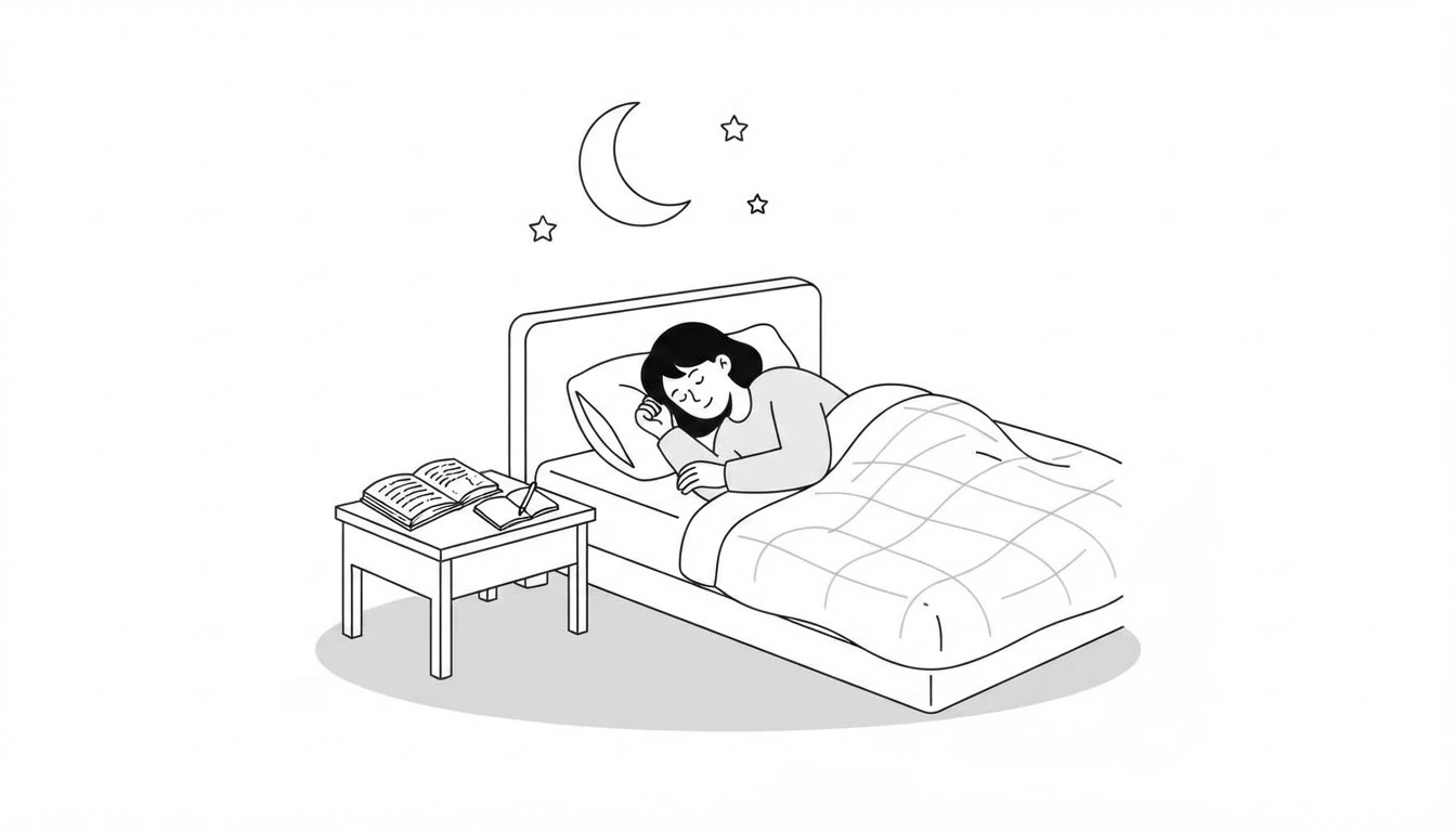 Persona durmiendo en la cama con un libro y una libreta en la mesilla y una luna sobre ella