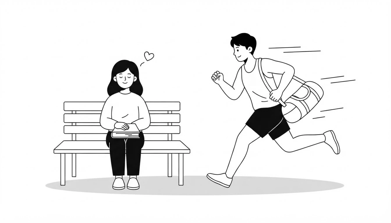 Una chica sentada tranquilamente en un banco y un chico que pasa corriendo, ilustrando la diferencia entre verbos de estado y verbos de acción en inglés