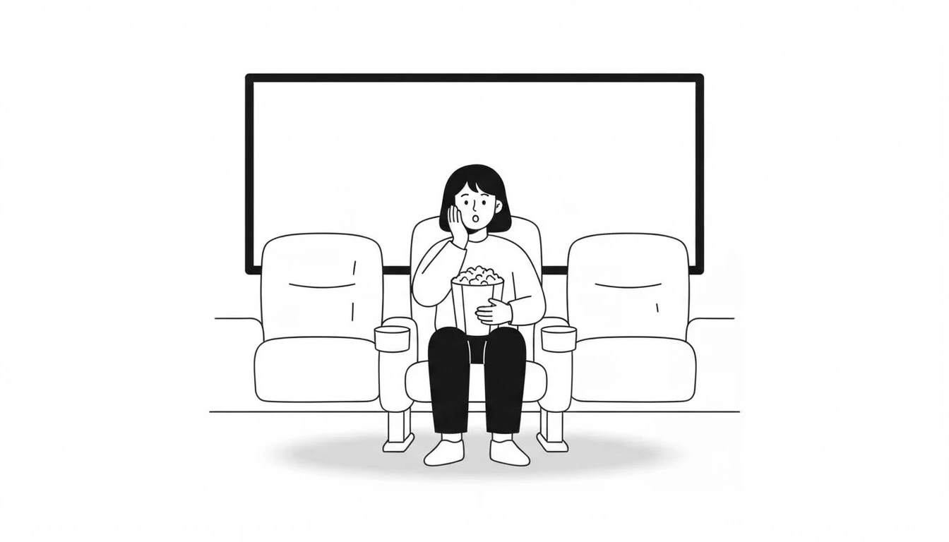 Persona en una butaca de cine con palomitas, ojos muy abiertos y una mano en la mejilla